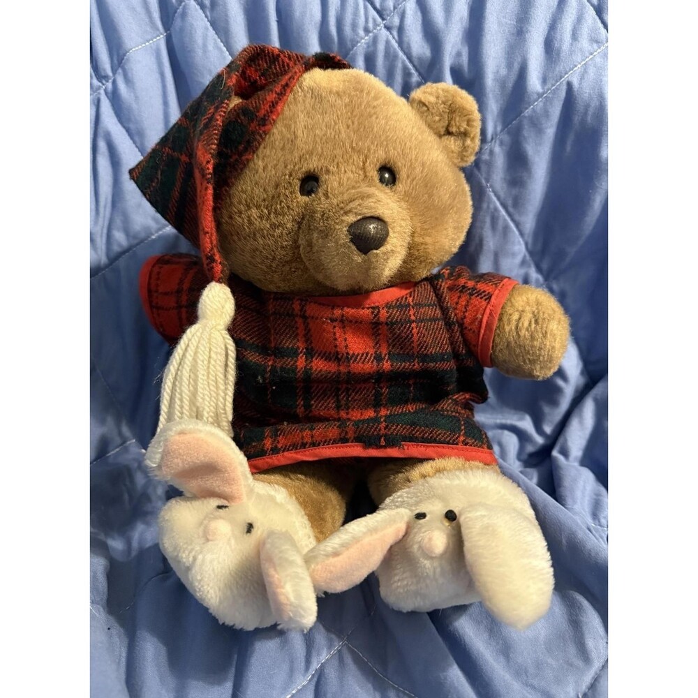 Plush Bedtime Bear with Bunny Slippers & Plaid PJ's, Summit Collection, VTG MINT